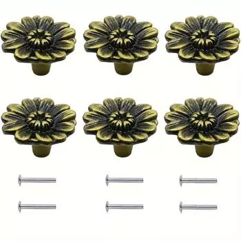 6 шт. бронзовых ручек для шкафа, винтажные ручки для ящиков комода, ручки для ящиков в виде цветка маргаритки, мебельный декор для кухни, антикварные ручки для шкафа 6pcs