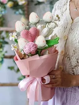 6 шт. Букет клубники ручной вязки, букет из искусственных цветов из шерсти, на День святого Валентина, День матери, День рождения, свадьбу, домашний декор белый