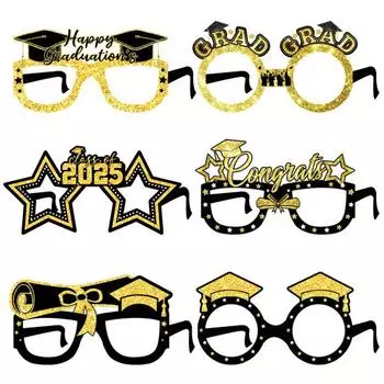 6 шт. черно-золотых выпускных очков класса 2025 года, очки для украшения выпускного вечера, реквизит для фотобудки A