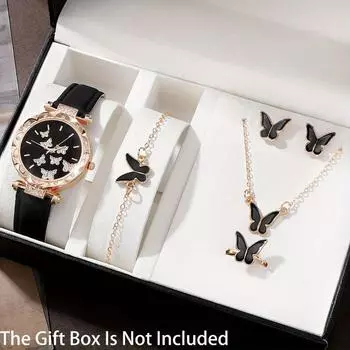 6 шт. черные кварцевые часы из искусственной кожи с ремешком из цинкового сплава, циферблат из цинкового сплава и ювелирные изделия, идеальные подарки на День матери, Пасху, Рамадан, дни рождения чёрный