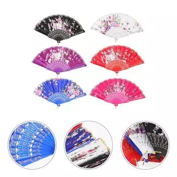 6 шт. декоративный шелковый веер складной двухсторонний ручной ручной ручной для танцевальной вечеринки винтажный 40x22cm