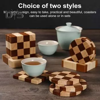 6 шт. Деревянные подставки, впитывающие защитные подставки под напитки с держателем, поднос для чая, набор подставок в шахматном порядке для защиты стола 6pcs Circle