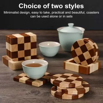 6 шт. Деревянные подставки, впитывающие защитные подставки под напитки с держателем, поднос для чая, набор подставок в шахматном порядке для защиты стола 6pcs Circle