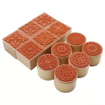 6 шт. деревянных штампов, резиновых штампов с цветочным узором, круглых и квадратных кружевных деревянных резиновых штампов для скрапбукинга и поздравительных открыток ручной работы 6pcs