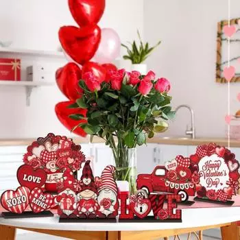 6 шт. деревянных табличек на стол ко Дню святого Валентина, красные гномы, сердечки, грузовики, настольные центральные украшения для романтического фермерского дома, многоярусный поднос, декор A