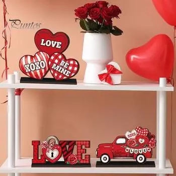6 шт. деревянных табличек на стол ко Дню святого Валентина, красные гномы, сердечки, грузовики, настольные центральные украшения для романтического фермерского дома, многоярусный поднос, декор A
