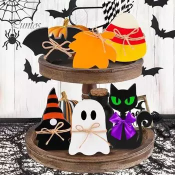 6 шт., деревянный стол на Хэллоуин, многоуровневые украшения для подносов, черная кошка, призрак, летучая мышь, отдельно стоящие полочные знаки для домашнего декора 6pcs