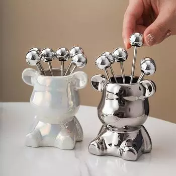 6 шт. десертных вилок из нержавеющей стали с банкой для хранения, симпатичные медвежьи принадлежности для вечеринки, дегустации десертов, фруктовых солений, фруктового салата