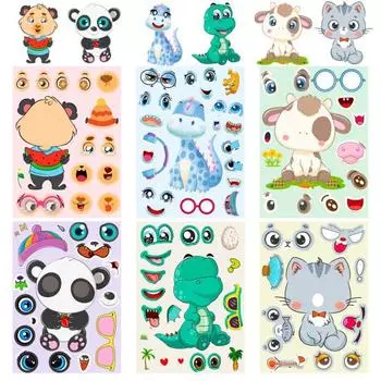6 шт. дети делают мультфильм свои собственные наклейки с животными котенок панда динозавр головоломка корова медведь наклейки DIY