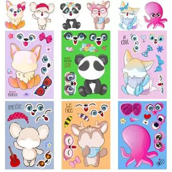6 шт. детские наклейки для макияжа с рисунком панды, лисы, осьминога, крысы, наклейки-пазлы, игрушки для рукоделия, игрушки для мальчиков и девочек, сделайте свои собственные наклейки с животными, вечерние сувениры 6pcs