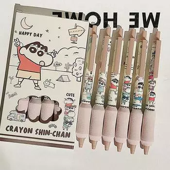 6 шт. гелевая ручка Kawaii Crayon Shin-Chan, быстросохнущие черные чернила для письма, гладкая мягкая ручка, милые канцелярские принадлежности для студентов, офисные принадлежности