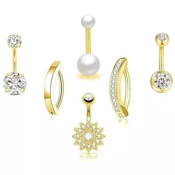 6 шт. Хирургические стальные гипоаллергенные кольца для пупка, набор для пирсинга пупка с фианитами, изящный набор для пирсинга пупка серебряный