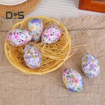 6 шт. имитация пасхальных яиц, расписные яйца с подвесным украшением на веревке, искусственные пасхальные украшения для яиц с корзиной для весенних праздников, аксессуары для вечеринок A