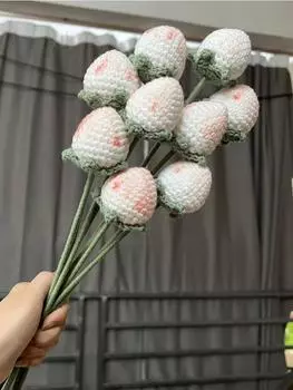 6 шт. искусственных шерстяных цветов, связанных крючком, букет цветов, связанный вручную, клубничный букет на День святого Валентина, День матери, День рождения, свадьбу, домашний декор белый