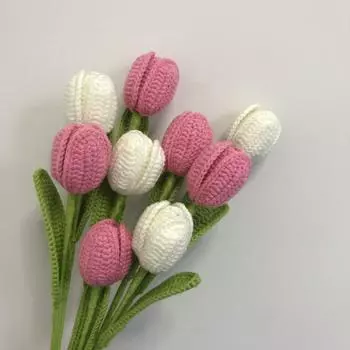 6 шт. искусственных тюльпанов Forever Flowers, букет искусственных цветов для украшения, букет тюльпанов, связанный крючком для декора стола, ручная работа со стеблем и листьями тюльпана 6 Pcs белый