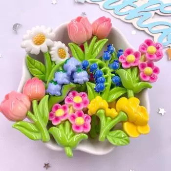 6 шт., каваи, красочные окрашенные подсолнухи, тюльпаны, плоская задняя часть, цветочные каменные фигурки, скрапбукинг, сделай сам, бант, Декор, аксессуары