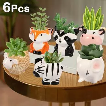 6 шт. керамических мини-кашпо с милыми мультяшными животными, суккулентными горшками с дренажным отверстием, небольшим контейнером для растений и кактусов, настольным декором