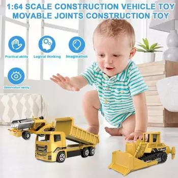 6 шт./компл. 1:64 Игрушечная строительная машина с подвижными шарнирами, реалистичные детали для малышей, литой под давлением сплав, инженерная модель грузовика, украшение для детей, подарок на день рождения для мальчиков жёлтый
