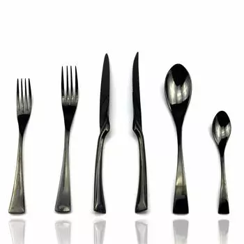 6 шт./компл., черный с десертной вилкой, ложкой, портативный набор столовых приборов, набор столовой посуды из нержавеющей стали 304, зеркало, набор столового серебра чёрный
