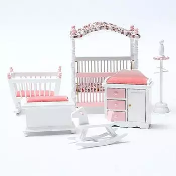 6 шт. / Компл. Деревянный DIY мини кукольный домик мебель для спальни набор игрушек 1/12 имитация мебели модель игрушки для украшения кукольного домика розовый 6pcs a set