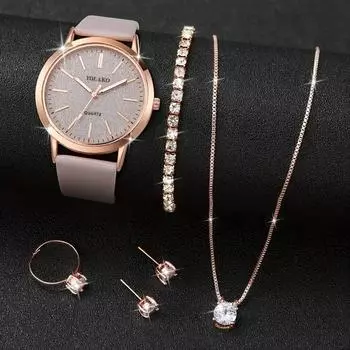 6 шт./компл. гламурные женские модные кварцевые часы и комплект ювелирных изделий из искусственной кожи — аналоговые сверкающие наручные часы, идеальный подарок для мамы и нее серый