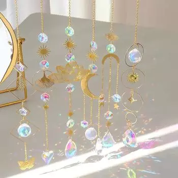6 шт./компл. хрустальный ловец солнца с солнцем, звездой, луной, лотосом, призматическим шаром, украшение для сада, подвесные колокольчики для свадебной вечеринки