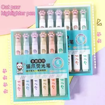 6 шт./компл. кошачья лапка цветной маркер с долотом сверху портативный не растекающийся быстросохнущий детский студенческий флуоресцентный маркер школьные канцелярские принадлежности