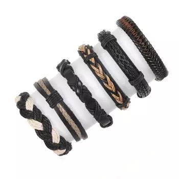 6 шт./компл. модные украшения ручной работы браслет из натуральной кожи с плетением манжет для мужчин чёрный