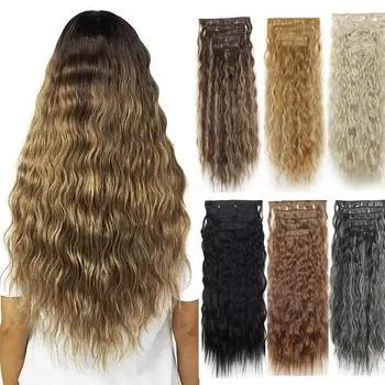 6 шт./компл. накладные волосы на клипсах для пляжных волнистых волос, длинные упругие вьющиеся шиньоны