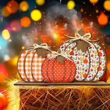 6 шт./компл. Осенняя тыква Настольная табличка Деревянный кленовый лист Клетчатый узор в горошек Тыква Многоуровневая