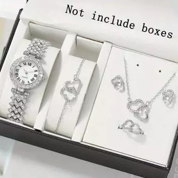 6 шт./компл., роскошные кварцевые часы со стразами, блестящие модные аналоговые наручные часы и комплект ювелирных изделий в форме сердца, подарки для женщин