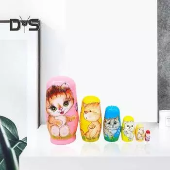 6 шт./компл., русская матрешка с котом, 6 слоев, деревянная детская матрешка ручной работы, складывающаяся игрушка в виде животного, фигурка, украшение для рабочего стола, подарок на день рождения Sets