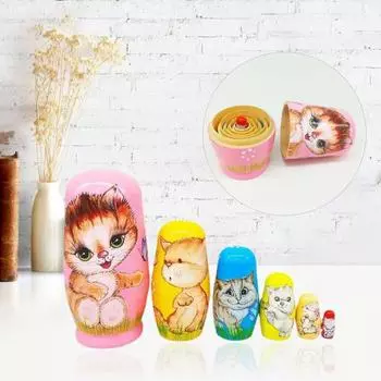 6 шт./компл., русская матрешка с котом, 6 слоев, деревянная детская матрешка ручной работы, складывающаяся игрушка в виде животного, фигурка, украшение для рабочего стола, подарок на день рождения