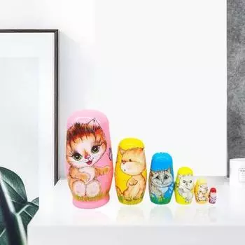 6 шт./компл., русская матрешка с котом, 6 слоев, деревянная детская матрешка ручной работы, складывающаяся игрушка в виде животного, фигурка, украшение для рабочего стола, подарок на день рождения Sets чистый