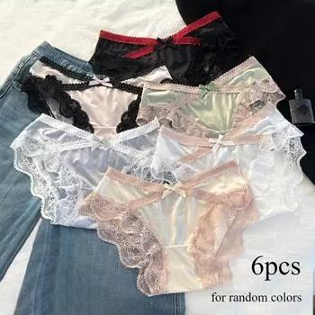 6 шт./компл. сексуальное атласное кружевное нижнее белье для женщин нижнее белье галстук-бабочка для девочек трусы удобные трусики с низкой талией M
