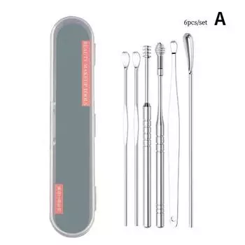 6 шт./компл. ушная сера для чистки, нержавеющая сталь, ушная палочка для удаления воска, кюретка, очиститель для ушей, ложка для чистки ушей, уход за ушами A
