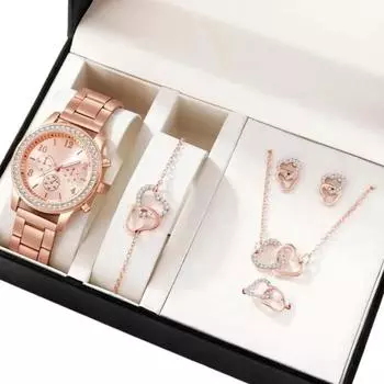 6 шт./компл. Женские часы, комплект ювелирных изделий, модные кварцевые часы в форме сердца, ожерелье, серьги, браслет, кольцо, комплект