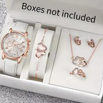 6 шт./компл. женские часы, повседневные римские модные кварцевые часы, аналоговые наручные часы из искусственной кожи и комплект ювелирных изделий, подарок для мамы и нее