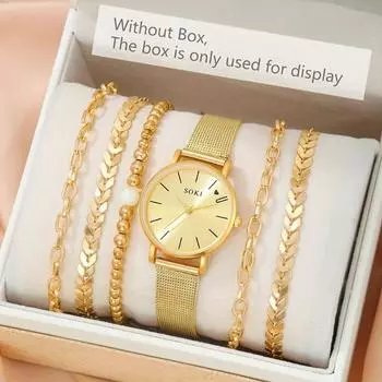 6 шт./компл. женские кварцевые часы с сердечком с ремешком из нержавеющей стали и браслетами-идеальный подарок для мамы и ее повседневного стиля 1pc