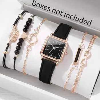 6 шт./компл. женские повседневные квадратные кварцевые часы, аналоговые наручные часы из искусственной кожи и браслеты в форме сердца, подарок для мамы и нее