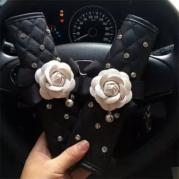 6 шт. комплект автомобильных аксессуаров Crystal Camellia, чехол для ремня безопасности, наплечная накладка, рычаг переключения передач, ручной тормоз, чехол для зеркала заднего вида, коробка с салфетками чёрный