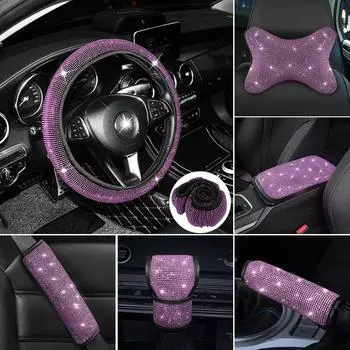 6 шт. комплект автомобильных аксессуаров с бриллиантовым кристаллом чехол на руль ремень безопасности наплечник подлокотник коврик рычаг переключения передач чехол на ручном тормозе подголовник синий