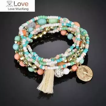 6 шт. /Комплект, богемный многослойный браслет из бисера для женщин, винтажная мода, металлическая монета, кулон, браслет с кисточками, подарок на отпуск