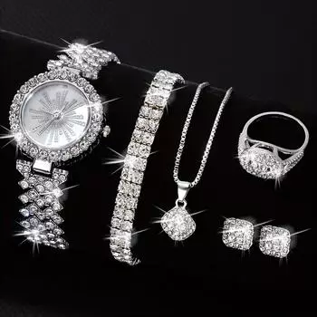 6 шт./комплект женских часов, роскошные кварцевые часы со стразами, модные римские аналоговые часы и комплект ювелирных изделий, подарок для мамы и для нее One Size Fits All