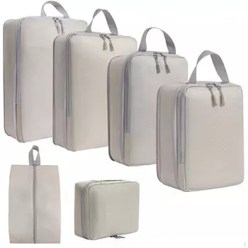 6 шт., компрессионные упаковочные кубики, сумка для туалетных принадлежностей на молнии, можно повесить, сумки-органайзеры для багажа бежевый