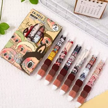 6 шт./кор. симпатичные гелевые ручки Labubu с героями мультфильмов «Монстры» 0,5 мм, черные чернила, ручка на водной основе, офисная ручка для подписи, ручка для снятия стресса