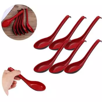 6 шт. красная и черная пластиковая ложка, домашние столовые приборы, миска для каши, китайская обеденная ложка, японская ложка для супа для домашнего ресторана 6 Pcs