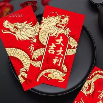 6 шт., красные конверты с китайским драконом, уникальный дизайн, традиционные денежные мешки на удачу для празднования весеннего фестиваля
