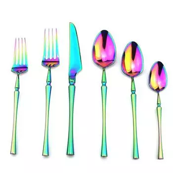 6 шт., красочная Радужная посуда, столовые приборы из нержавеющей стали, обеденный нож, вилка, чайная ложка, столовая посуда, столовый набор, кухонные аксессуары