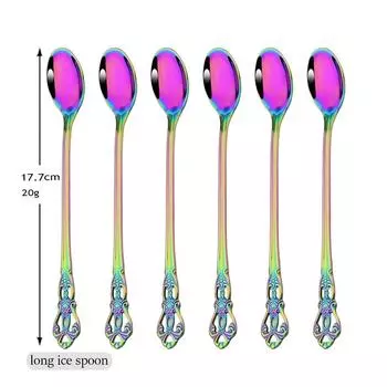 6 шт. красочные ложки с длинной ручкой, набор столового серебра, ложки из нержавеющей стали для перемешивания, столовые приборы, десертная ложка для кофе, льда, кухонный набор посуды серебряный